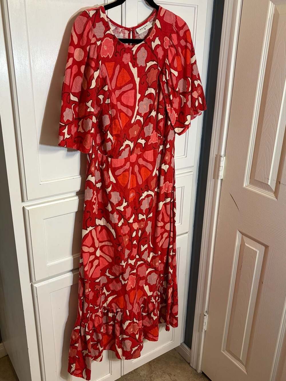 Rhode x Target Red BOHO  Floral Flutter Sleeve Ruffle Hem Midi Dress Size S